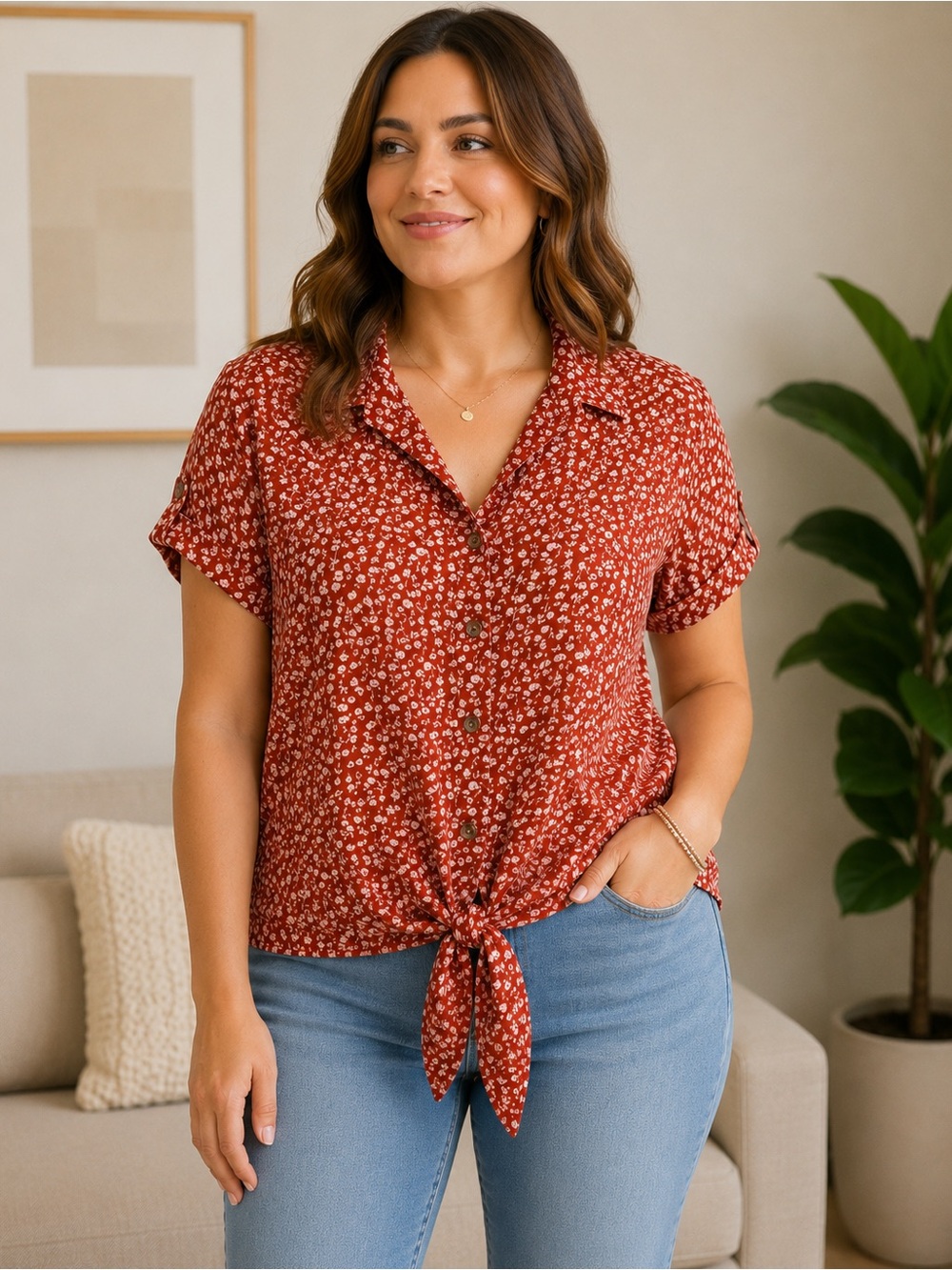 No Boundaries Rust Floral Tie-Front Button Shirt